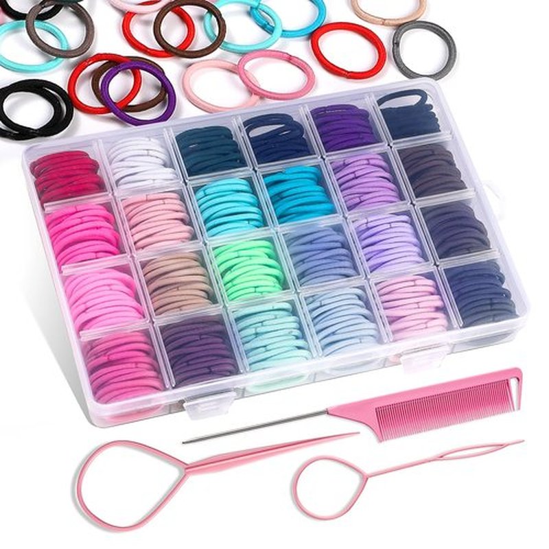 360PCS Hair Accessory Set: Elastic Ponytail Holders, Clear Organizer Box, Rat Tail Comb, 24 Colors for Kids, Toddlers, and Girls
