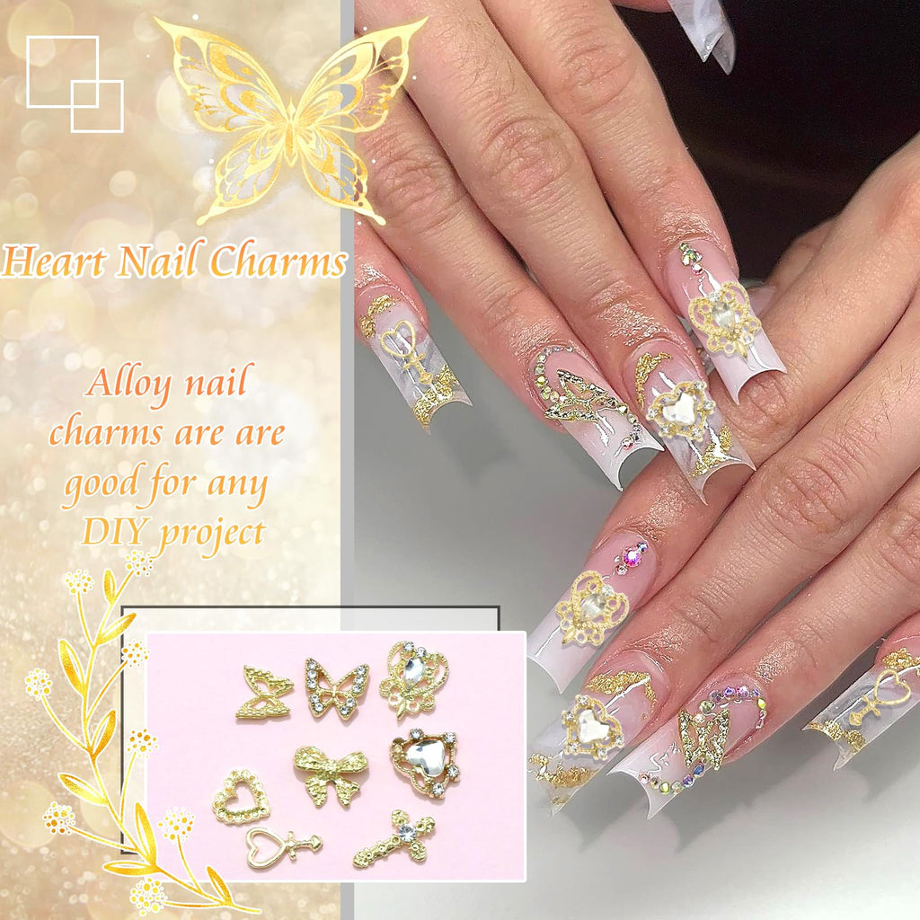 YAEISM 105PCS Gold Nail Charms 3D Gold Heart Nail Charm 8 Shapes Butterfly Charms for Nails Shiny Gold Nail Charms Cross Alloy Nail Bows for Nail Art and DIY Crafts Decoration