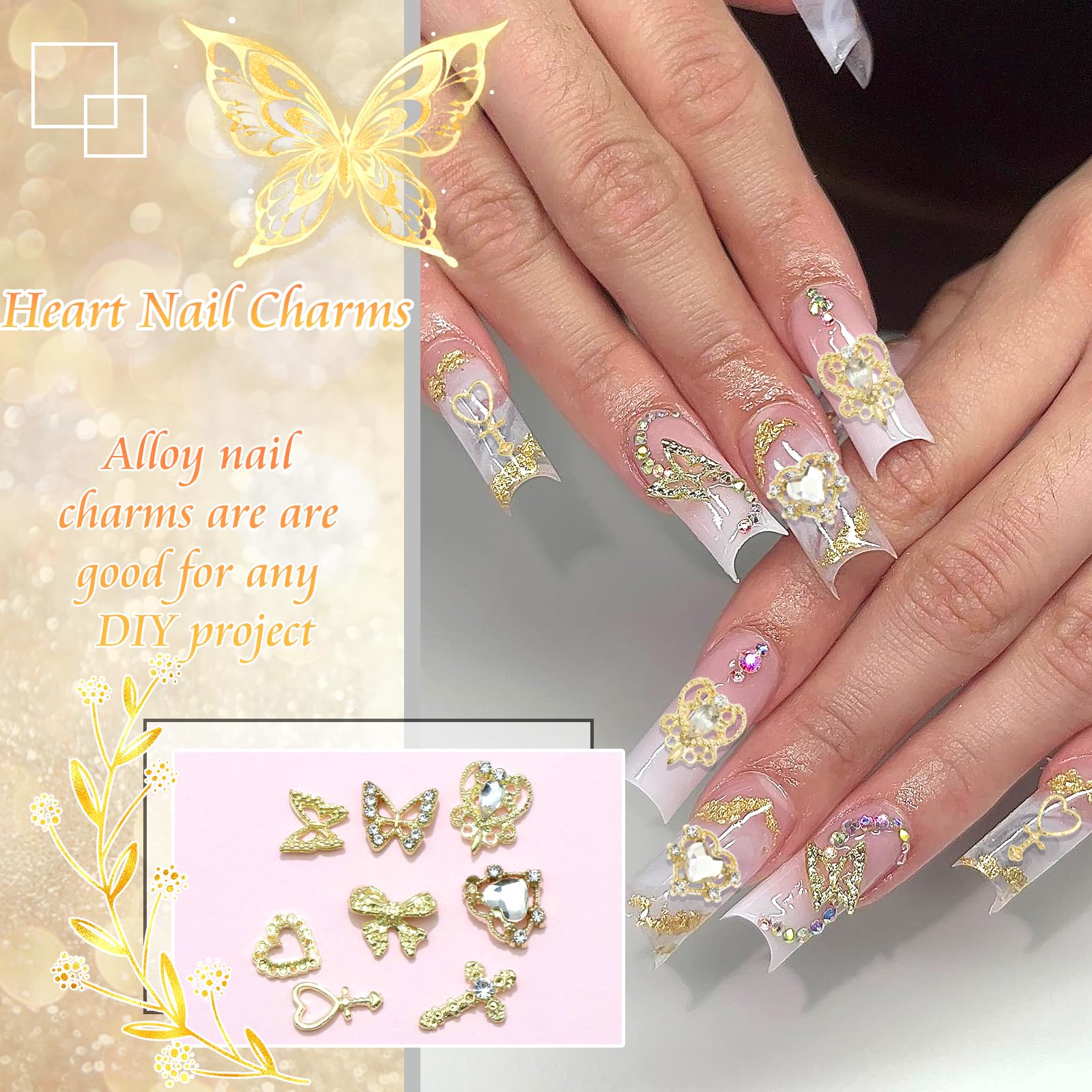 YAEISM 105PCS Gold Nail Charms 3D Gold Heart Nail Charm 8 Shapes Butterfly Charms for Nails Shiny Gold Nail Charms Cross Alloy Nail Bows for Nail Art and DIY Crafts Decoration