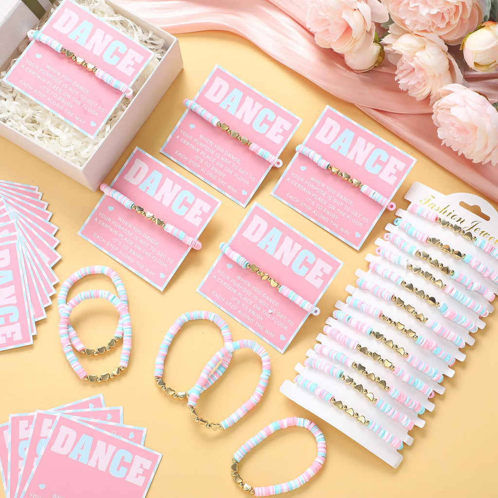 Liliaafar 24 Sets Dance Gifts Bulk Include Pink Blue White Polymer Clay Beaded Bracelet with Greeting Card Dancer Party Favors Team Gifts Recital Jewelry for Women Ballerina Birthday(Inspirational)