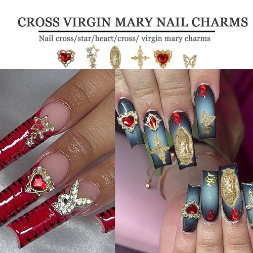 Gold Nail Charms - 40PCS 3D Gold Bows, Red Rhinestones & Cross Virgin Mary Charms for Y2K Nail Art | Birthday Gifts, DIY Manicure Supplies (Cute Metal & Rhinestone Mix)