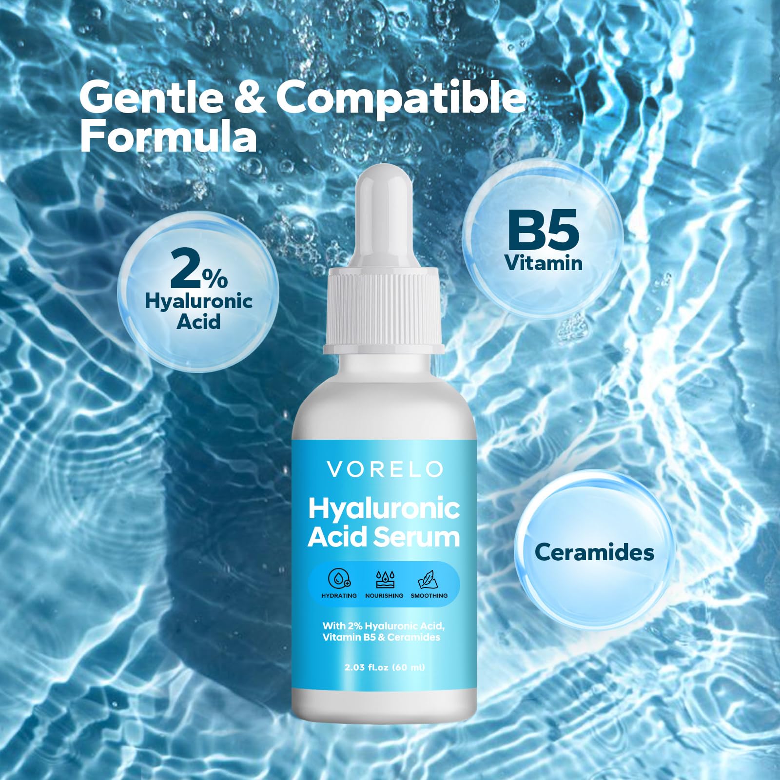 Vorelo Hyaluronic Acid 2% + B5 and Ceramides (2.03 fl.oz), Hyaluronic Acid Serum for Daily Hydration, Lightweight Formula Absorbs Quickly to Leave Skin Feeling Plumper and Smoother, Non-Sticky Finish