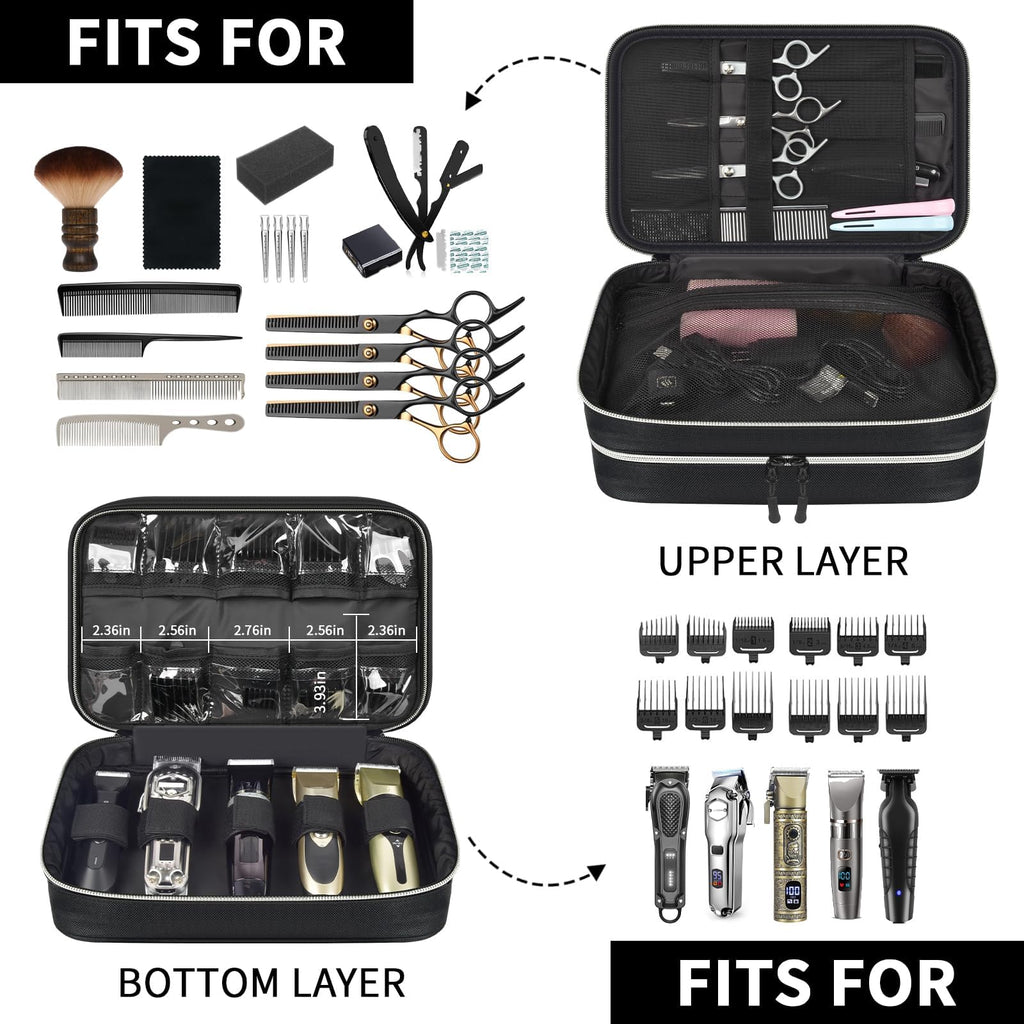Steadtep Barber Clipper Organizer Bag, Double Layer Hair Clipper Case for Clippers, Guards, Scissors & Barber Supplies, Portable Travel Barber Bag with Transparent Guard Pockets (BLACK, LARGE)