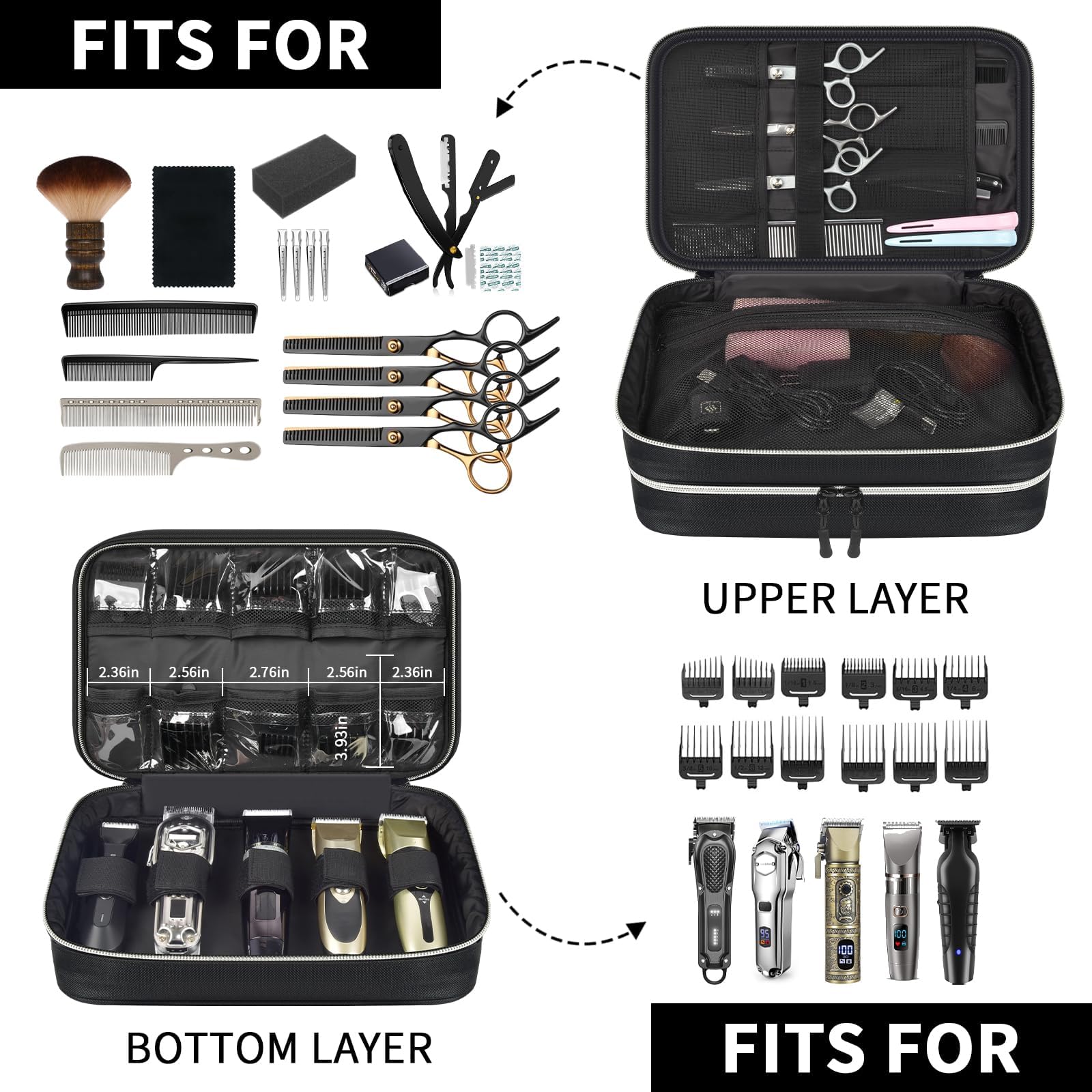 Steadtep Barber Clipper Organizer Bag, Double Layer Hair Clipper Case for Clippers, Guards, Scissors & Barber Supplies, Portable Travel Barber Bag with Transparent Guard Pockets (BLACK, LARGE)