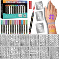 Temporary Tattoo Markers for Skin, 12 Metallic Markers + 160 Tattoo Stencils, Tattoo Markers for Kids Adults Women Teens Body Markers, Cosmetic Tattoo Pens for Skin DIY Body Art Face Painting