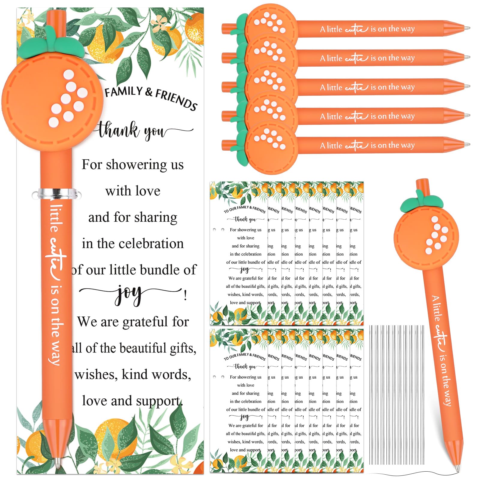 Chivertion 50 Set Baby Shower Gifts Pens for Guests Baby Shower Party Favors Retractable Ballpoint Pens with Thank You Cards for Gender Reveal Souvenir Game Prize (A Little Cutie)