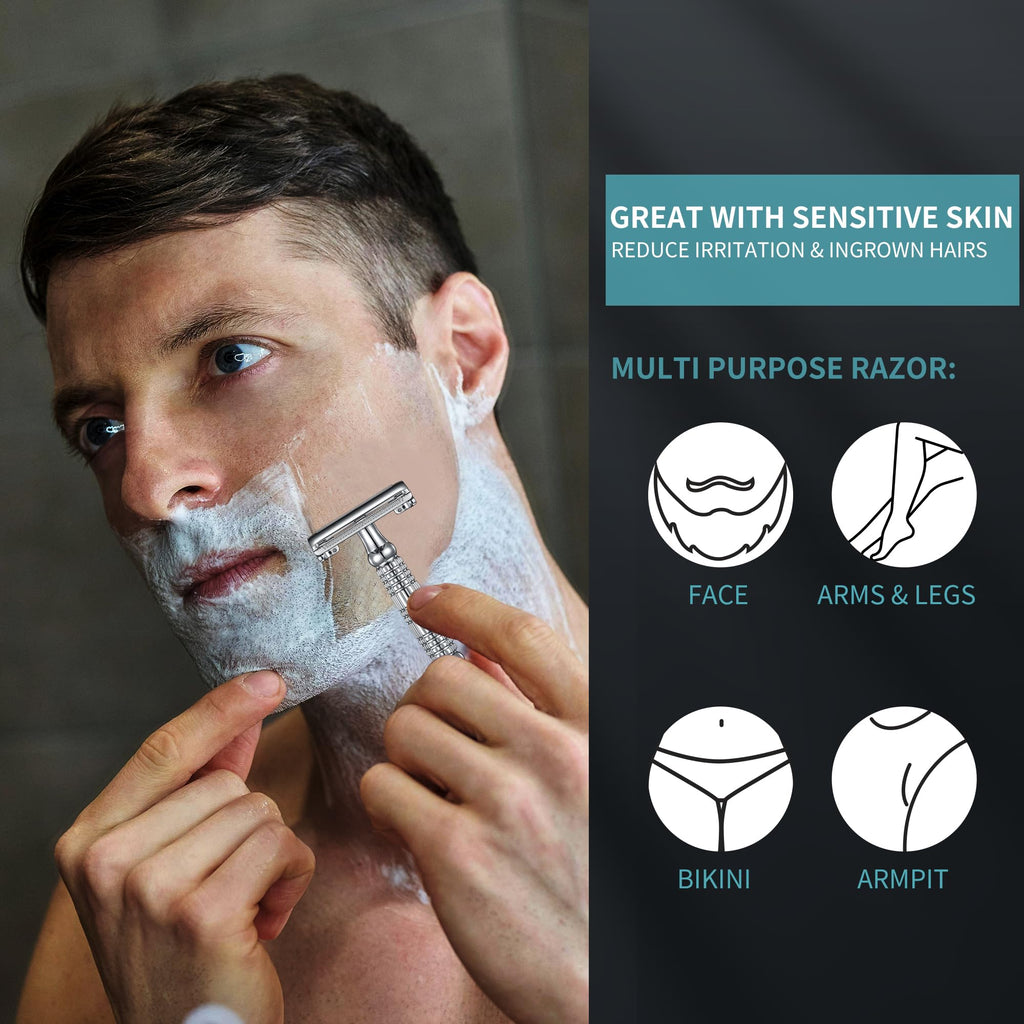Gearhub Butterfly Double Edge Safety Razor Reusable Stainless Metal Wet Shaving Razor with 10 Swedish Platinum Blades for Men Women Barber Bikini Armpit Hair GR179
