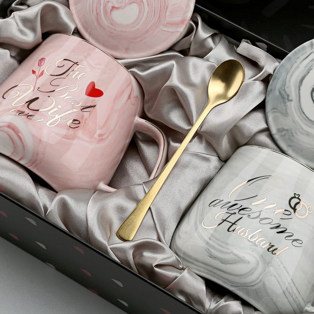 One Awesome Husband, The Best Wife Ever Coffee Mugs Mr Mrs Gift Set - Unique Anniversary Engagement Wedding Gifts for Couples - Funny Idea for Lovers Friends Parents Housewarming -15 OZ