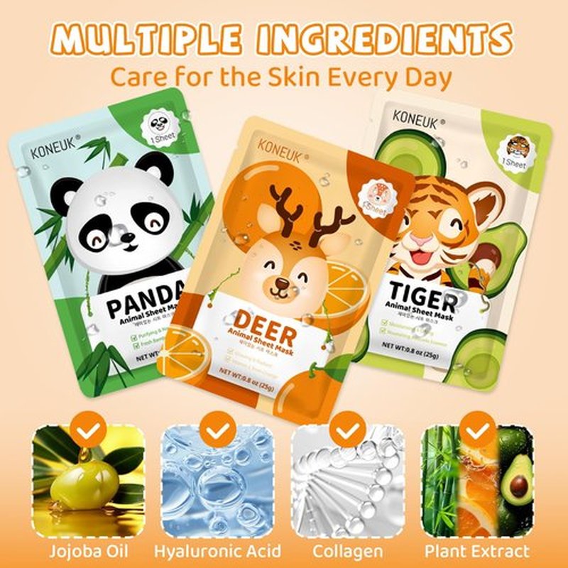 KONEUK 9 Pack Animal Face Masks Skincare for Kids, Bulk Sheet Hydrating Face Mask for Kids Skin Care, Collagen Face Mask for Teens Women, Easter Basket Stuffers, Spa Party Gifts for Teen Girls