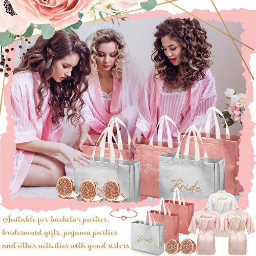 Toulite 48 Pcs Bridesmaid Robe Sets Silk Satin Bride Party Robes with Bachelorette Gift Handbags Knot Bracelets Hair Ties Rhinestone Mirrors and Socks for Bridesmaid Wedding Bachelorette Party