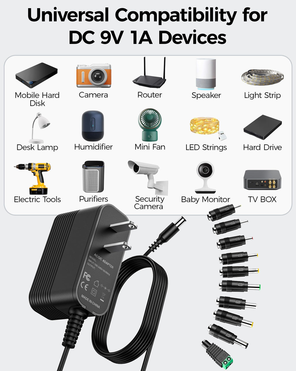 9V Power Supply AC Adapter DC 9V Power Cord Universal Power Adapter with 10 Interchangeable Jacks Compatible with 1000mA 900mA 800mA 700mA 600mA 500mA 400mA 300mA 200mA 100mA Electronics