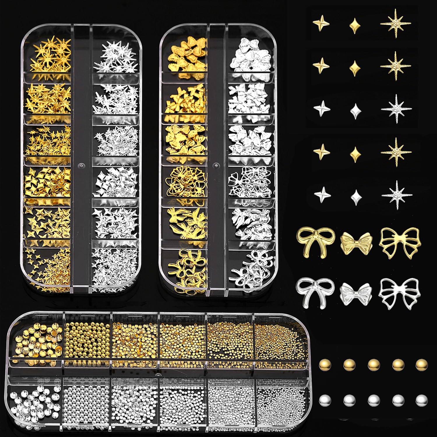 zgiraloca Gold Plated Nail Charms Kit - 3 Pack Mixed 3D Butterfly，Rhinestones, Pearls, Gems, Flowers & Bows for Nail Art Design(Silver&Gold B)