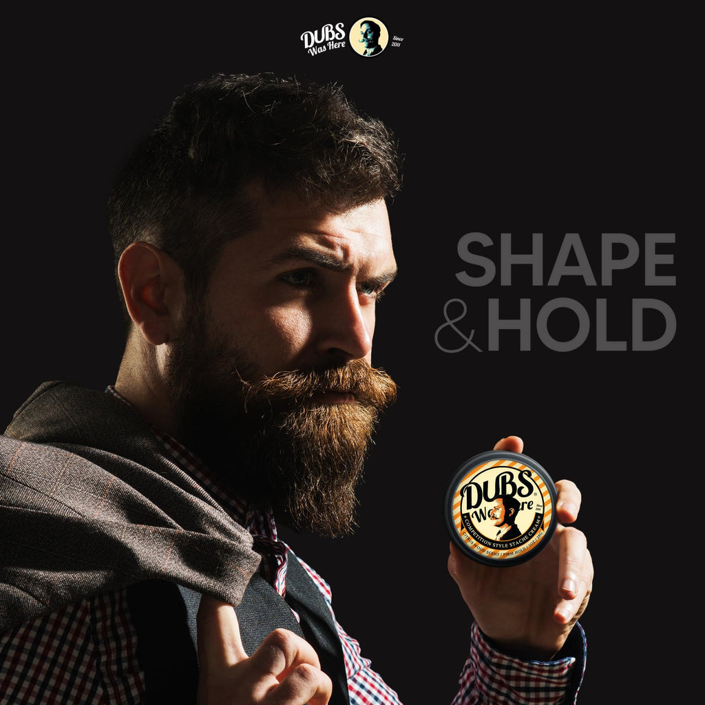 Dubs Was Here Mustache Wax Strong Hold | Competition Style Firm Stache Wax | Non-Greasy Grooming Gift for Men | Sandalwood/Bergamot Citrus Wood Scent | 1 oz Tin | Made in USA