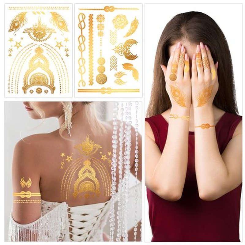Konsait 9 Sheets Gold Temporary Tattoos, Flash Moon Butterfly Elephant Metallic Tattoos, Metallic Temporary Tattoos for Women Girls, Gold Face Tattoos for Parties Makeup Cosplay Festival Accessories