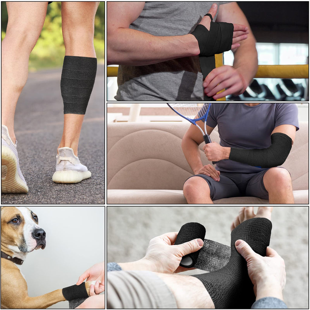 Treela 48 Pack Self Adhesive Wrap Bandage Bulk, 2 Inches x 5 Yards Self Adherent Cohesive Bandage Elastic Athletic Tape Breathable Wound Tape for Stretch Athletic Sports Wrist Ankle(Black)
