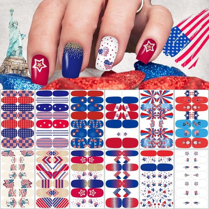 12 Sheets 4th of July Nail Wraps Stickers, Independence Day Full Nail Polish Strips, Memorial Day DIY Self-Adhesive Nail Art Decals Patriotic American Flag Pattern Decor with 2 Piece Nail Files