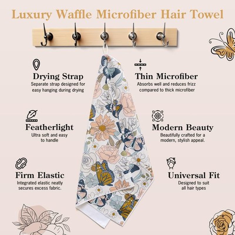 BlairCo. Microfiber Hair Towel Wrap for Women - Anti-Frizz Quick Dry Hair Wrap for Long Hair - Hair Towels for Women, Hair Drying Towel Wrap - Floral Butterfly