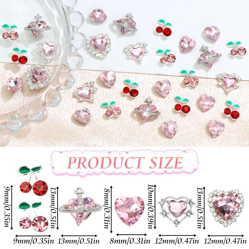 YAEISM 30PCS Pink Heart Nail Charms 4 Types Crystal Nails Gems 2 Color Shiny Cherry Nail Charms Luxury Nail Rhinestones for Women Nail Art and DIY Crafts Decoration