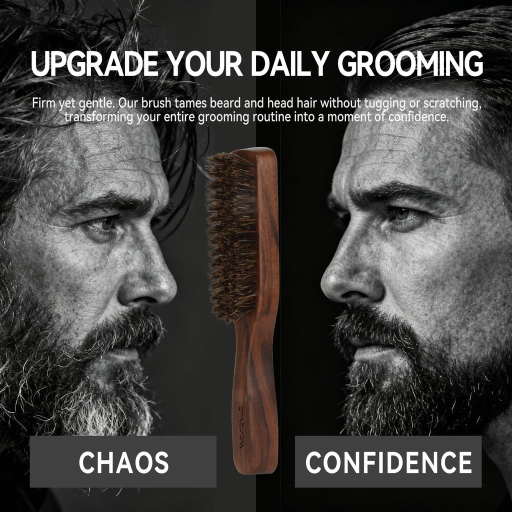 MenGate Boar Bristle Beard Brush for Men - Wooden Beard Brush and Slick Back Hair Brush with Metal Comb Keychain, Perfect for Home and Travel Use - Regular