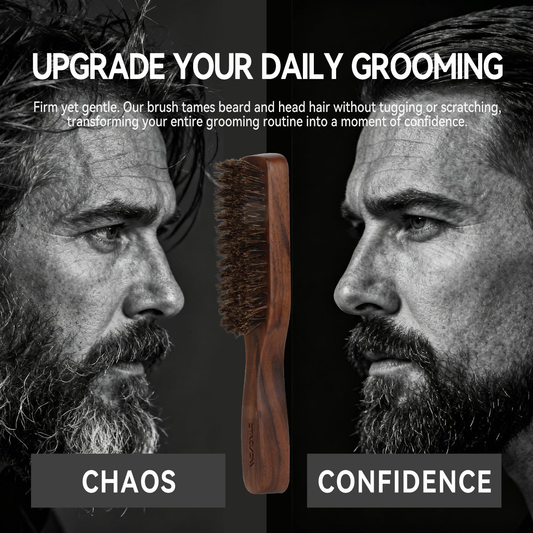 MenGate Boar Bristle Beard Brush for Men - Wooden Beard Brush and Slick Back Hair Brush with Metal Comb Keychain, Perfect for Home and Travel Use - Regular