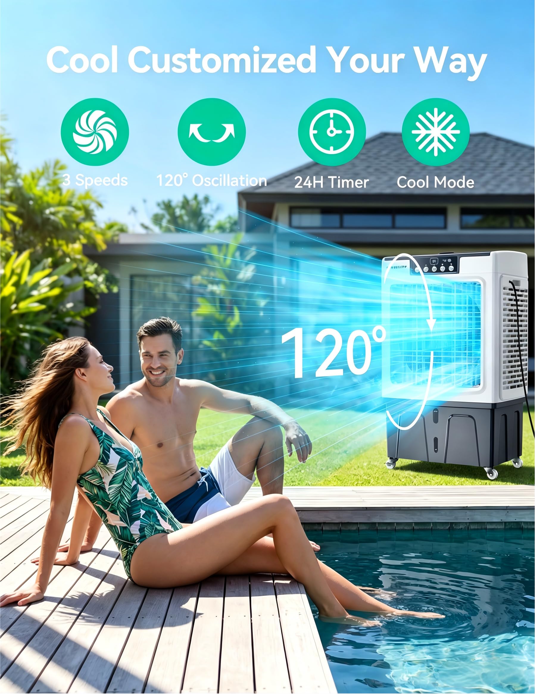 VAGKRI Swamp Cooler, 3100 CFM Evaporative Air Cooler with 12 Gallon Tank, 120° Oscillation, 3 Modes & 3 Speeds, 24H Timer, Remote Control, Outdoor Cooling Fan with Auto Fill for Patio, Garage, Factory