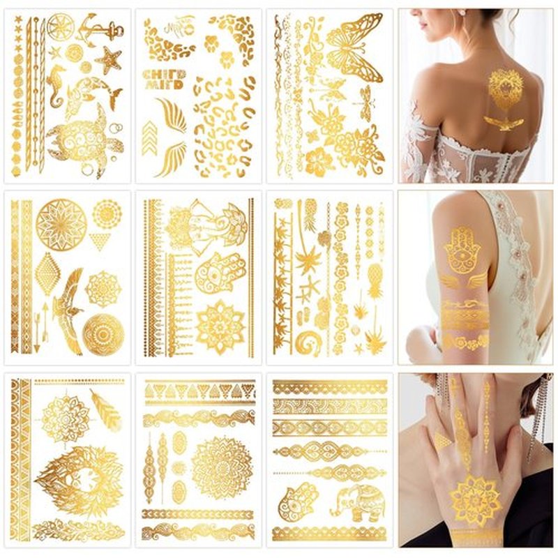 Konsait 9 Sheets Metallic Gold Temporary Tattoos for Women & Girls - Elegant Lion, Turtle, Floral, Butterfly & Elephant Designs for Parties, Cosplay, Festivals, Face & Body Art