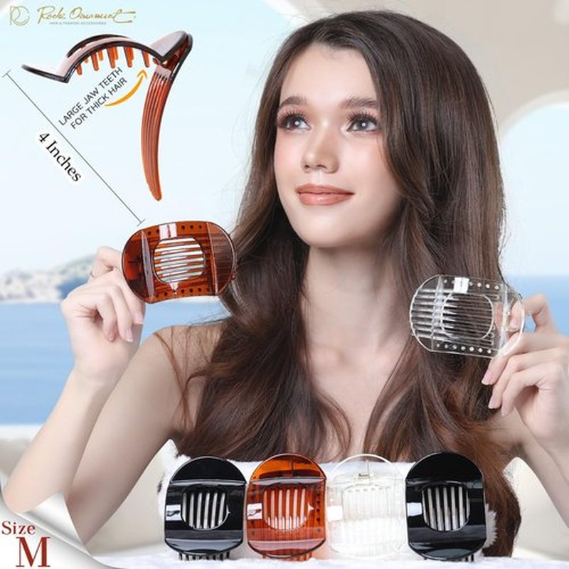 RC ROCHE 6 Pcs Flat Claw Hair Clips for Women Thick Hair French Round Duckbill Square Secure Strong Hold Grip Clamps Barrettes Curved No Slip No Crease Styling Cute, Medium Black, Brown & Transparent