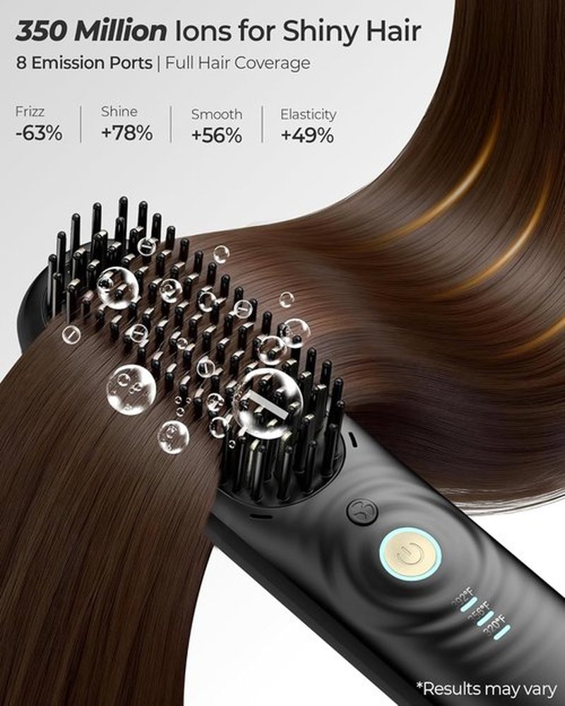 Skiennix Cordless Hair Straightener Brush - Portable Mini Travel Design for Thick Curly Hair | Cool Air & 350M Negative Ions for Frizz-Free Styling