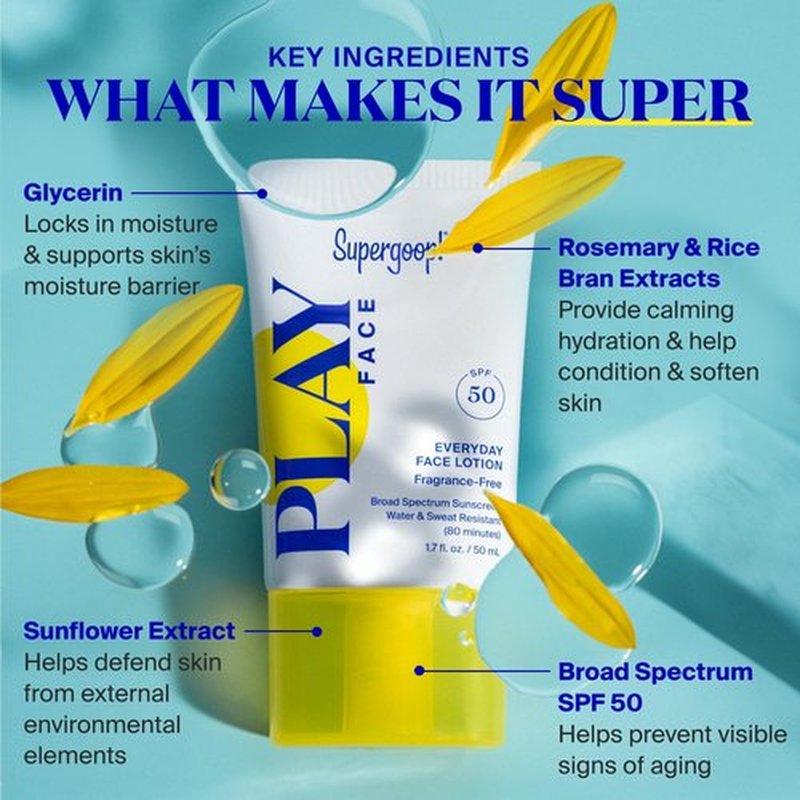Supergoop! PLAY Everyday Face Lotion SPF 50 - Lightweight, Non-Greasy Formula - Natural Finish - Fragrance Free - Water & Sweat Resistant - All Skin Types - 1.7 fl oz