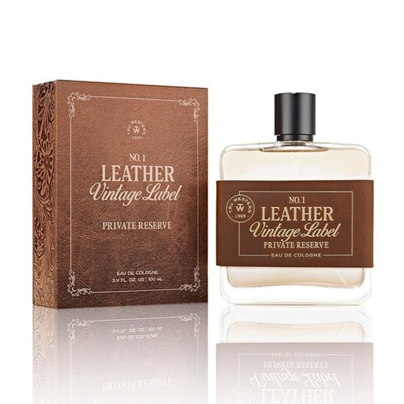 Tru Western Leather No. 1 | Vintage Label Private Reserve Fragrance - 3.4 fl oz (100 ml) with Cedarwood & Clementine Notes