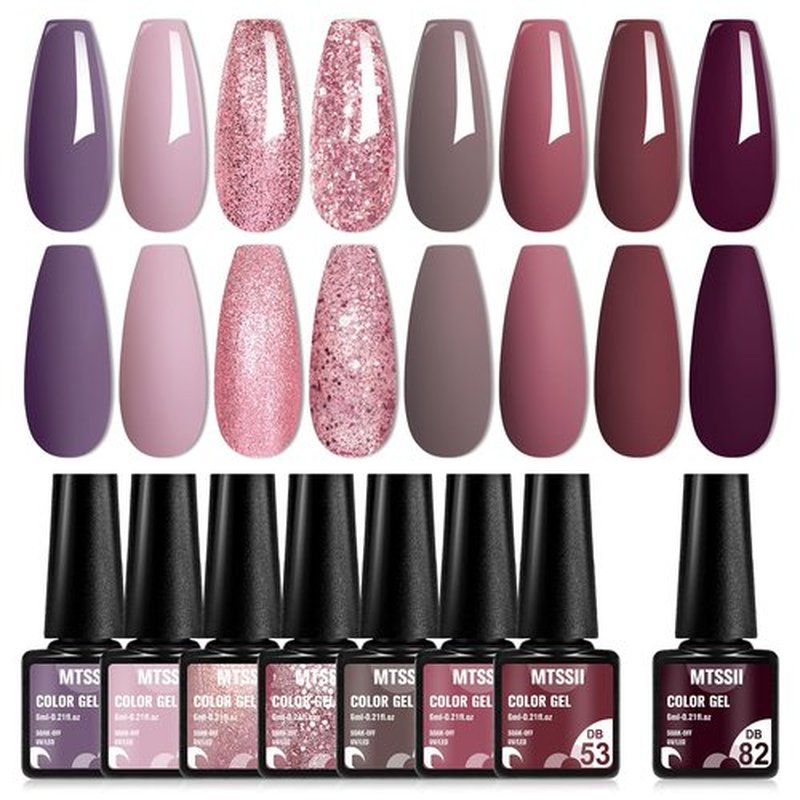 MTSSII 8 Colors Gel Nail Polish Set, Fall Colors Nude Pink Burgundy Glitter Brown Gel Polish Set Long-Lasting Uv Lamp Cured Soak off Nail Art Kit for Home Nail Salon