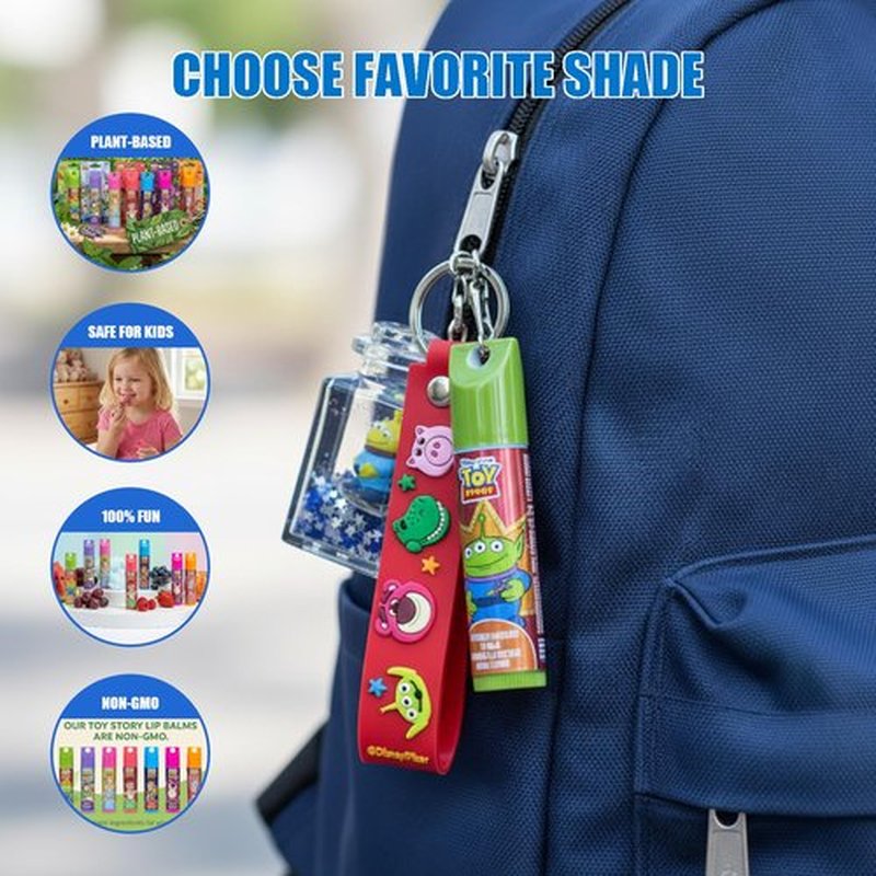 Townley Girl Toy Story 7 Pack Lip Balm with Keychain, Plant Based Lip Balm for Boys and Girls, Kids Chapstick