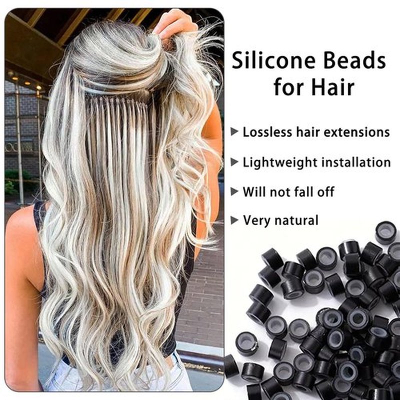 1500Pcs Silicone Beads for Hair Extensions, 3Colors 5mm Silicone Lined Beads Microlink Rings Hair Extensions Tool (Brown-Black-Blonde)