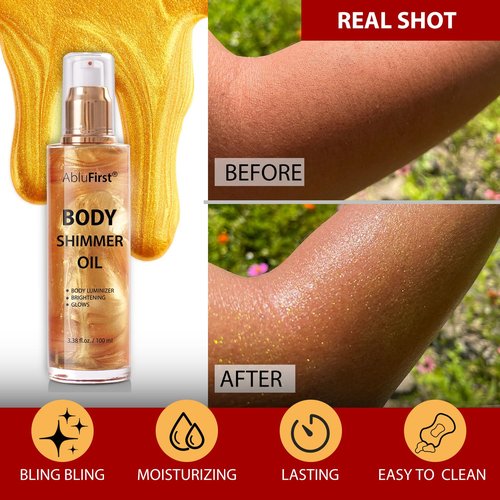 AbluFirst Shimmer Body Oil Summer Body Glitter Moisturizing Light Shimmer Glow Non-Sticky Summer Body Luminizer and Illuminator Smooth (2.8 Fl Oz (Pack of 1), Gold)