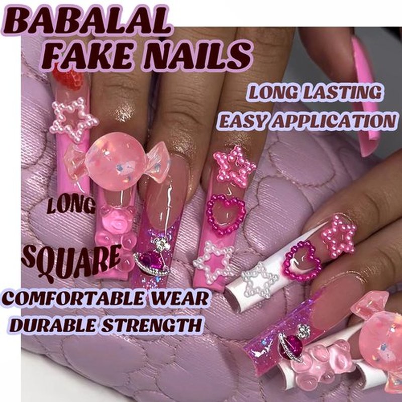 BABALAL Pink Press on Nails Long Square Fake Nails Cute Glue on 3d Bear Candy Star Heart Strawberry Charm Acrylic Nails Rhinestone Squoval Manicure Stick on False Nails 24Pcs Press on