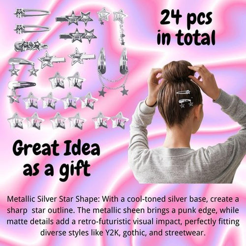 24pcs Y2K Star Hair Clips - Cute Silver Snap Clips for Women, Star Shaped Hair Accessories, Ideal for Emo, Grunge, Punk & 2000s Fashion
