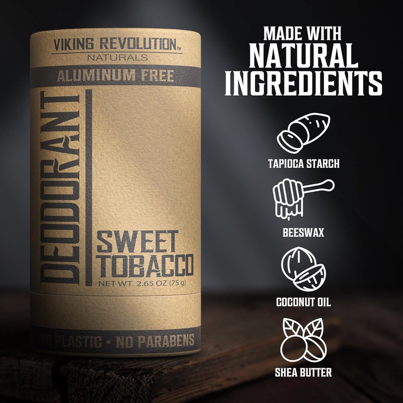Viking Revolution Sweet Tobacco Deodorant for Men - Aluminum-Free, Stain-Free Formula with Shea Butter (2.65oz)