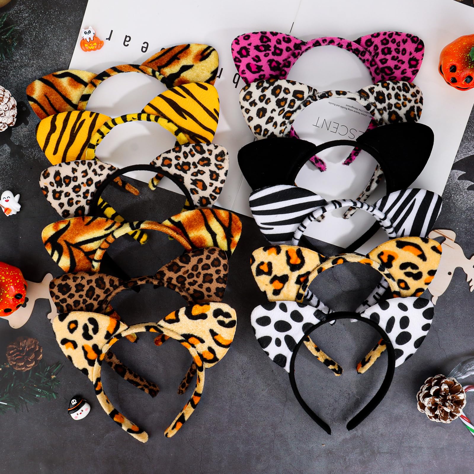 YARIEW 12 Pcs Cat Ears Headbands Animal Ears and Horns Headband Plush Horns Cosplay Costume Halloween Christmas