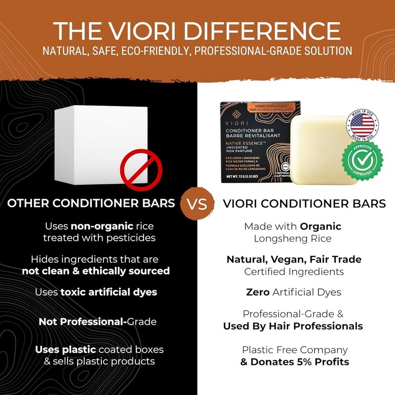 Viori Native Essence Conditioner Bar - Handcrafted Organic Rice Water Formula for Nourished Hair