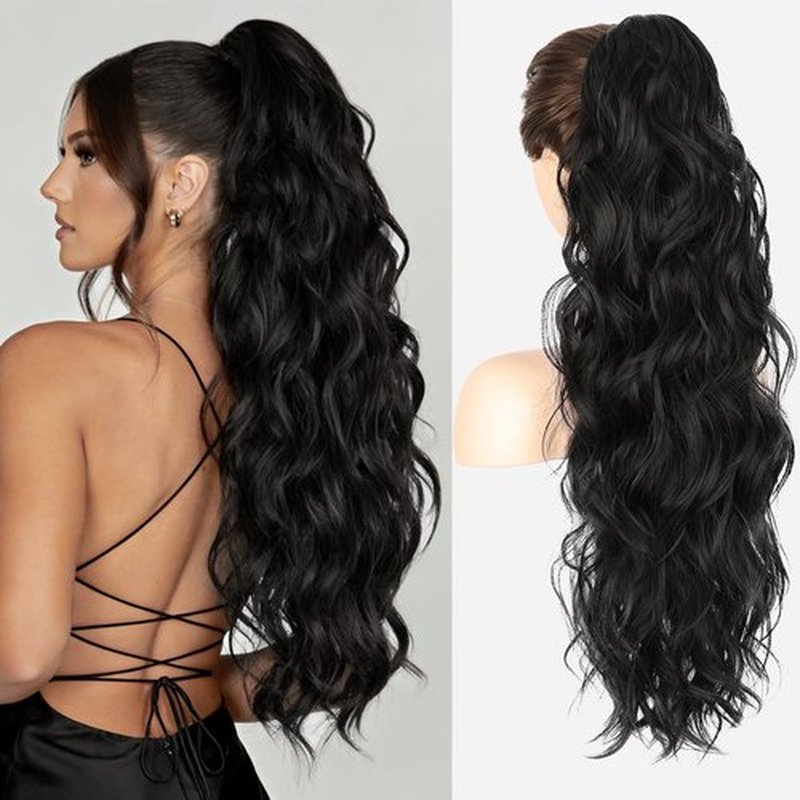 LRSICAL Ponytail Extension, Claw Clip Ponytail Extension Long Wave Black Ponytail Extensions for Women Fluffy Natural Synthetic 26 Inch Hairpiece for Daily Use