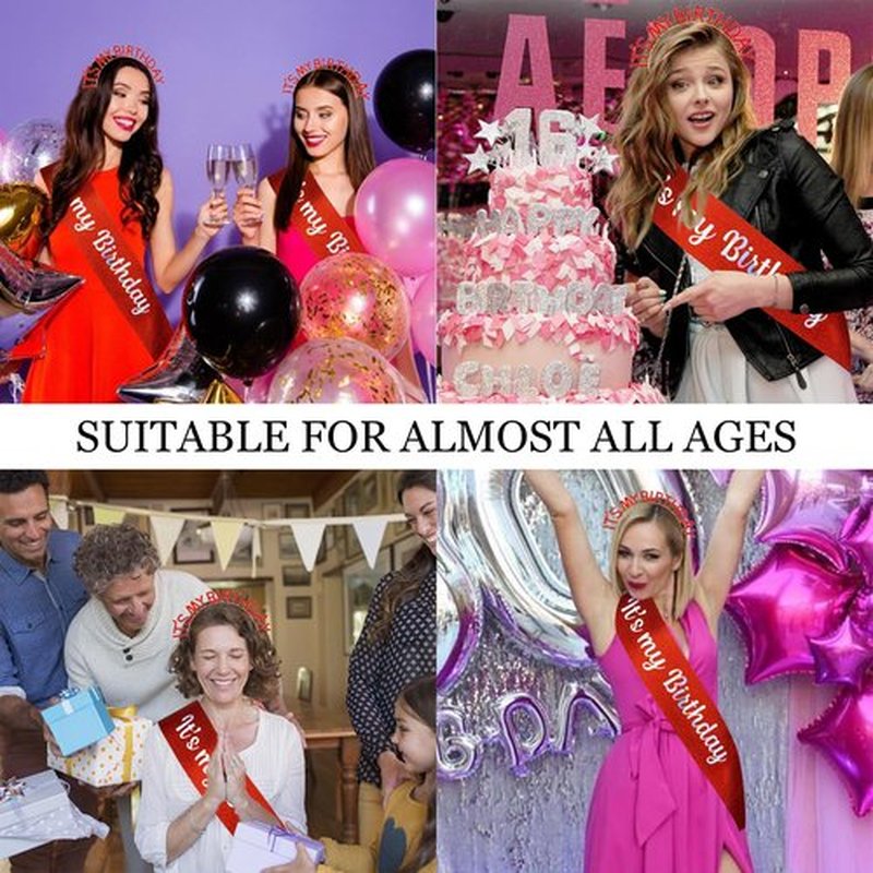 BAHABY It's My Birthday Princess Sash Set - Red Headband, Tiara & Accessories for Women Girls Happy Party