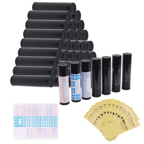 Lip Balm Container Kit - 50x Lip Balm Tubes (Black), 50x Writable Sticker (3 colors), 50x Printed Stickers (Transparent) - for DIY Lip Balm - DIY Homemade Cosmetics - Home Travel Gift Idea