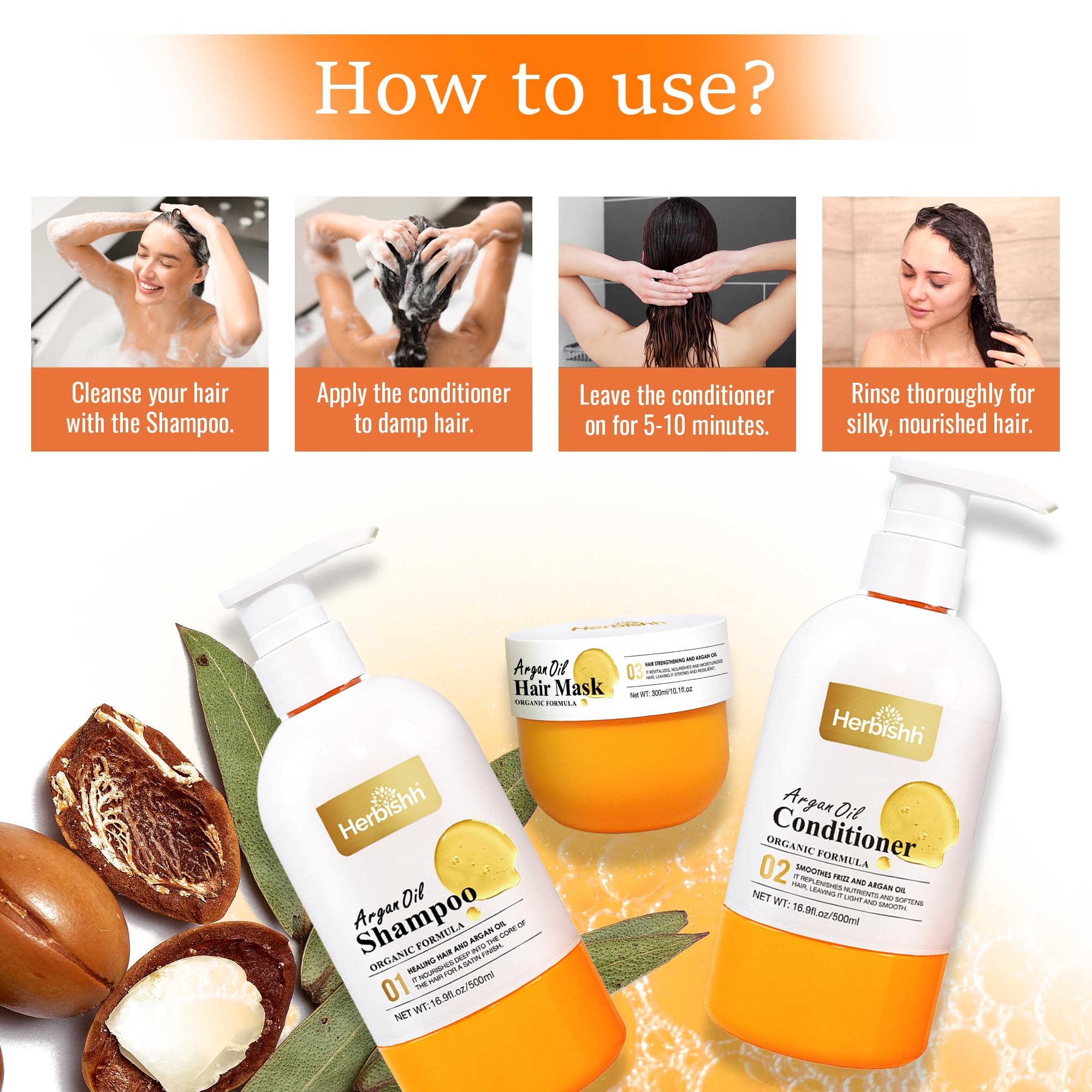 Herbishh Moroccan Argan Oil Shampoo and Conditioner Set with Hair Mask, Moisturizing & Deep Cleansing Kit For Dry, Damaged, Frizzy Hair, Color Safe & UV Protection 16.9fl.oz + 16.9fl.oz + 10.1 fl.oz