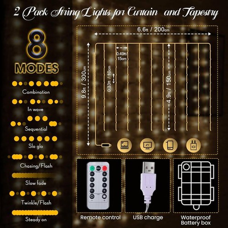 Tuanse 195 LED Curtain Lights - 6.5 x 5 Feet Fairy String Lights with 8 Modes & Remote for Indoor/Outdoor Decor
