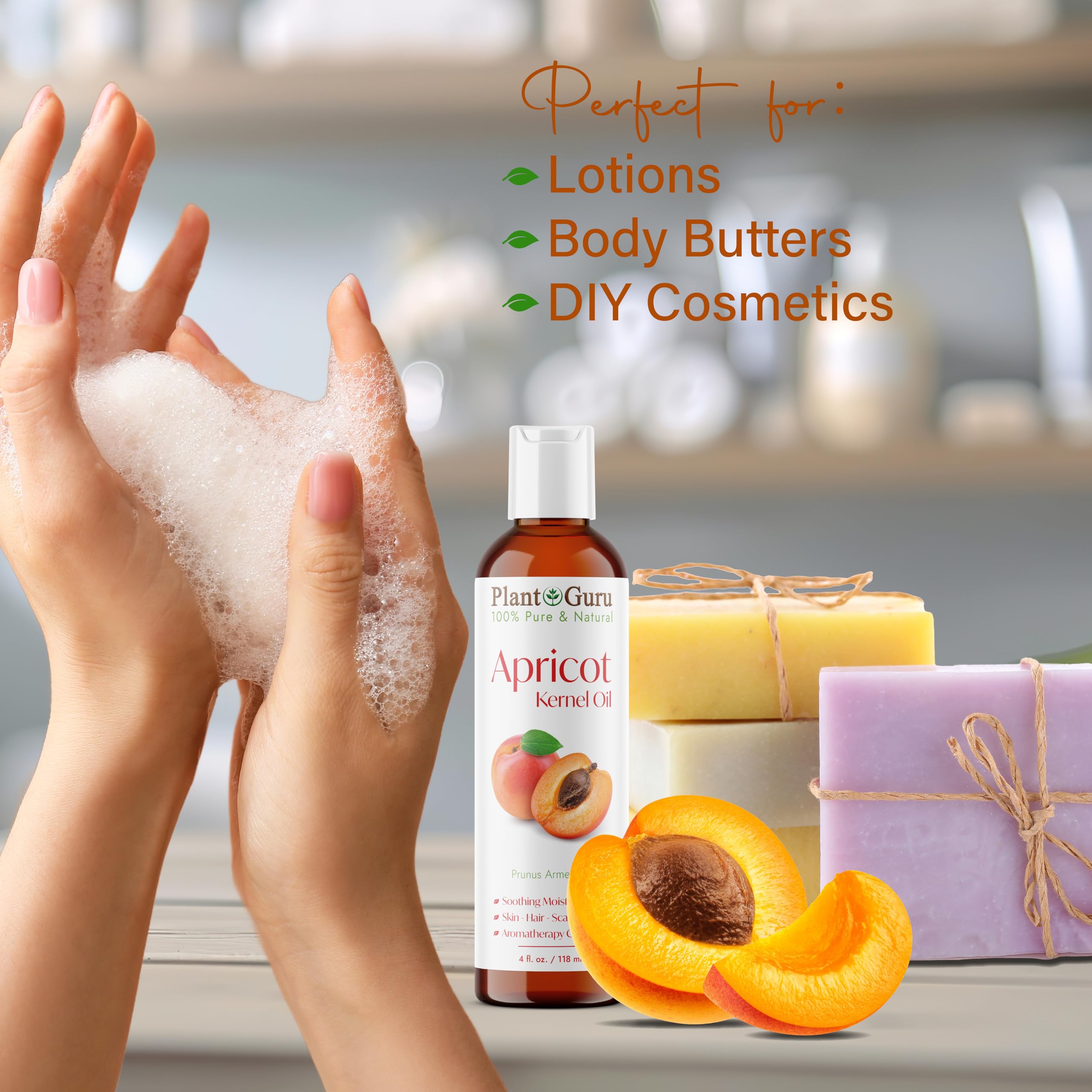 Apricot Kernel Oil 4 fl. oz. Cold Pressed Carrier 100% Pure Natural For Skin, Face, and Hair Growth Moisturizer. Great For DIY Creams, Lotions, Lip balm and Soap Making