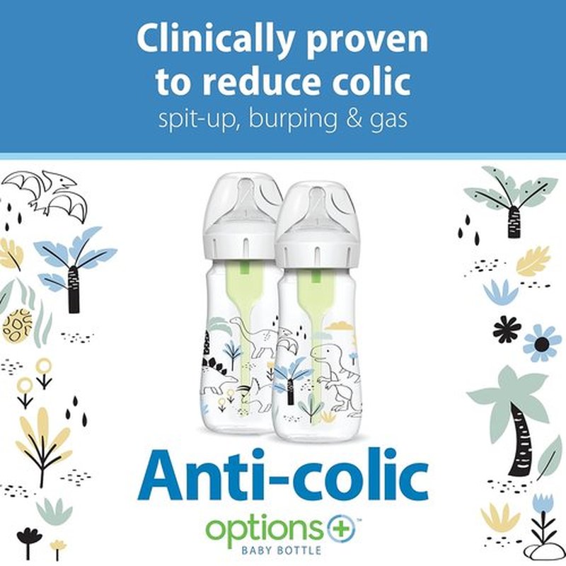 Dr. Brown's Baby Bottle - Anti-Colic Wide-Neck Design with Dino Decos | 9oz, BPA-Free, 2-Pack