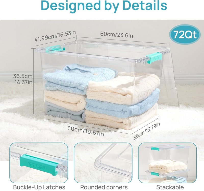 Vtopmart 72 QT Crystal Clear Storage Bins - 4 Pack Stackable Plastic Containers with Lids for Closet Organization
