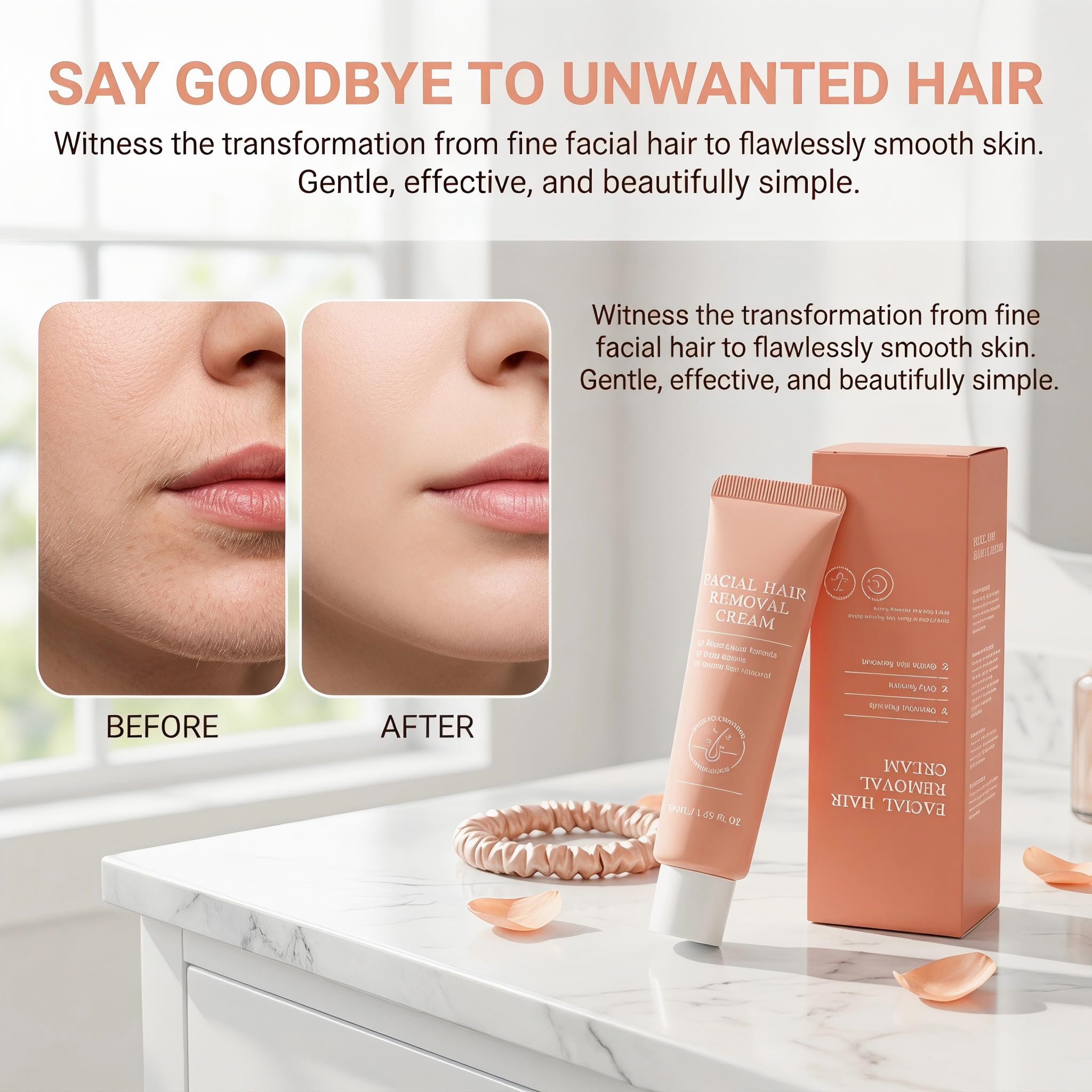 Female facial hair removal cream - painless and gentle hair removal cream for upper lip, chin, and face, containing spatula, 4-Minute At-Home Sensitive Skin Hair Remover, 2.37FI Oz.