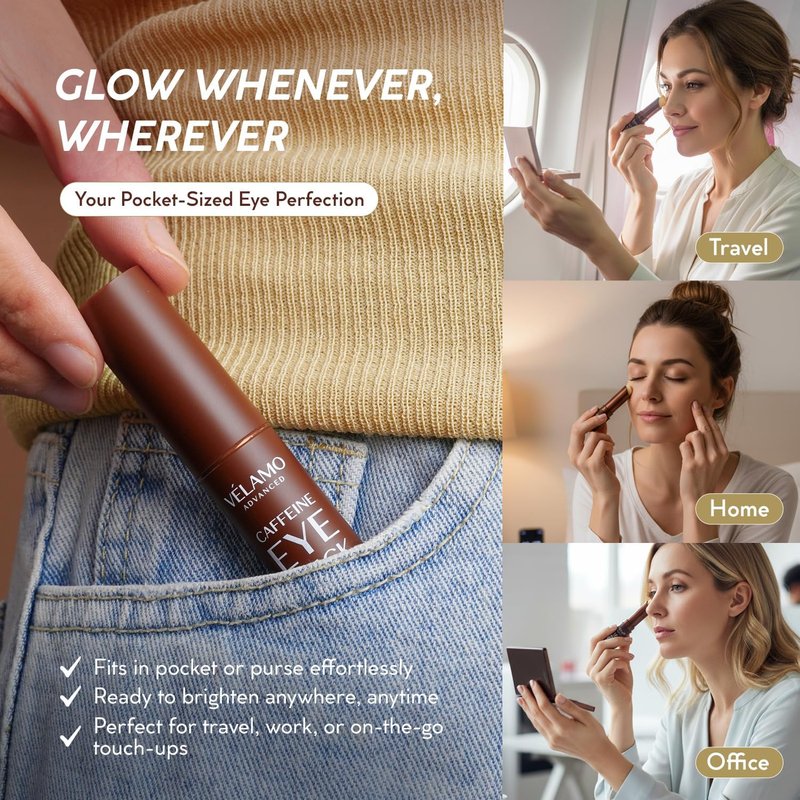 VELAMO ADVANCED Caffeine Eye Stick: Energizing & Hydrating Under Eye Balm for Dark Circles & Puffiness - Travel Essentials, Portable & Perfect for On-the-go Use, 0.1 OZ/3g