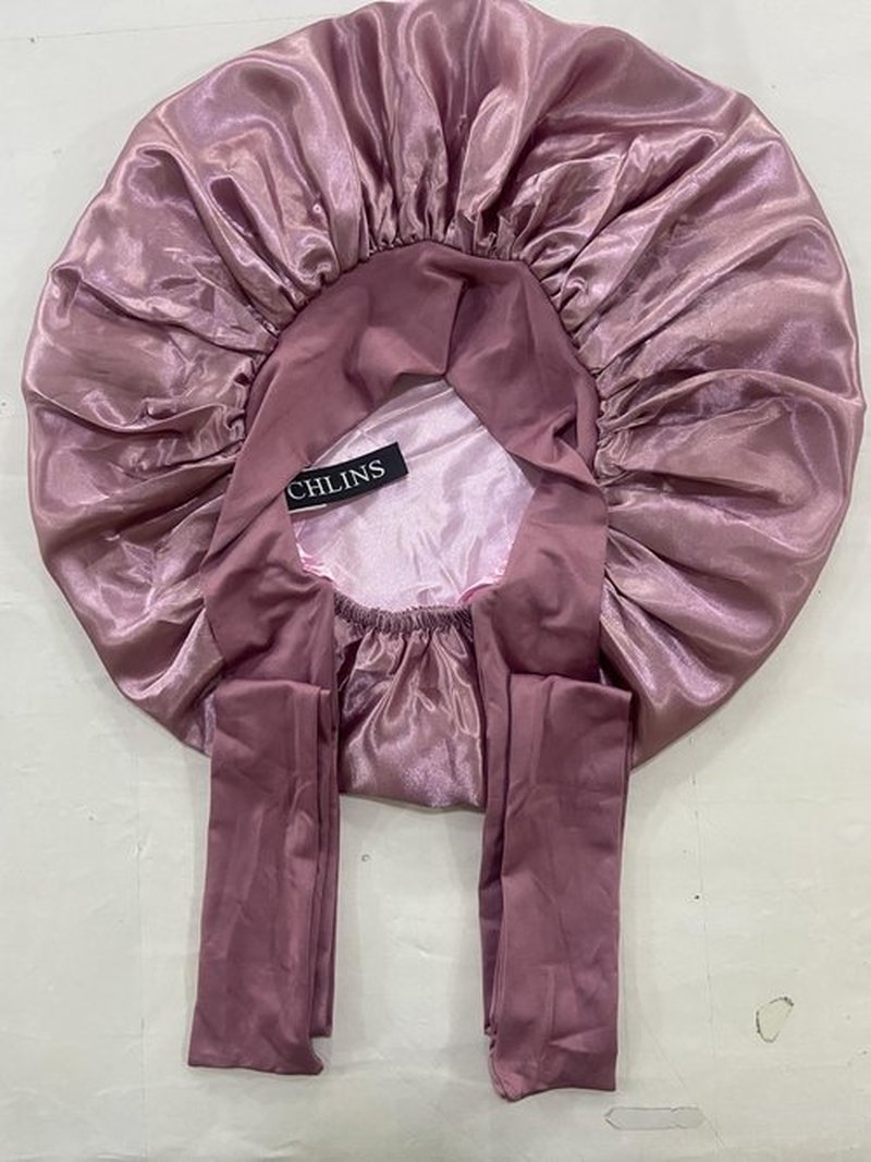 Extra Large Satin Bonnet for Sleeping Jumbo Silk Bonnet Double Layer Hair Bonnet for Women with Elastic Tie Band Sleep Wrap for Braids Curly Hair(Bean Paste + Pink)